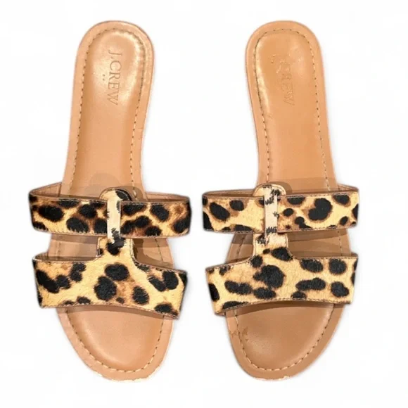 J. Crew Factory Beachside Slides Tan Leopard Calf Hair Sandals Size 8 - Picture 2 of 11